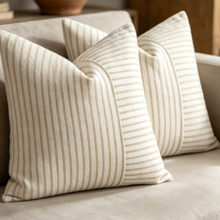 Khaki and beige color-block cotton-linen cushion